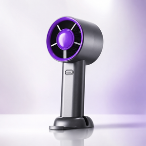 Portable USB rechargeable handheld fan with integrated phone holder and desktop stand, featuring a compact lightweight design for home, office and travel use.