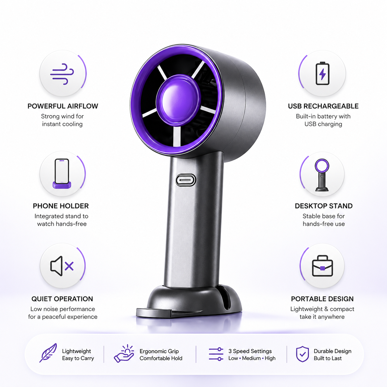 Rechargeable handheld fan with phone holder, USB charging, desktop stand, powerful airflow, quiet operation and portable lightweight design with 3-speed settings.
