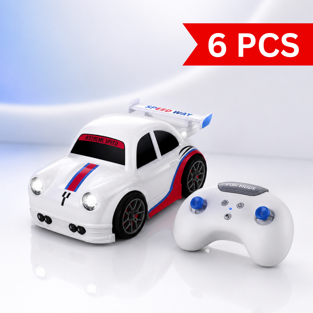 Mini remote control racing car with matching wireless controller displayed on a premium white background. Features sporty styling, LED headlights, rear spoiler, compact design and interactive driving modes.