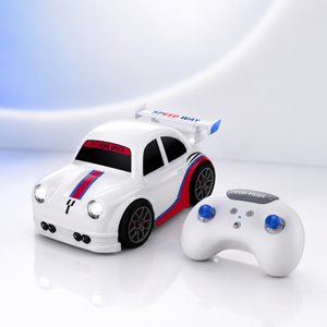 Mini remote control racing car with matching wireless controller displayed on a premium white background. Features sporty styling, LED headlights, rear spoiler, compact design and interactive driving modes.
