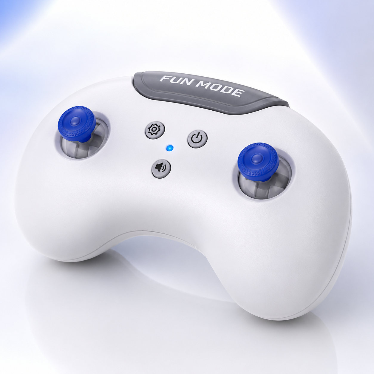 Close-up of the ergonomic wireless remote controller featuring dual joysticks, function buttons, LED indicator and comfortable grip for precise control of the mini RC racing car.