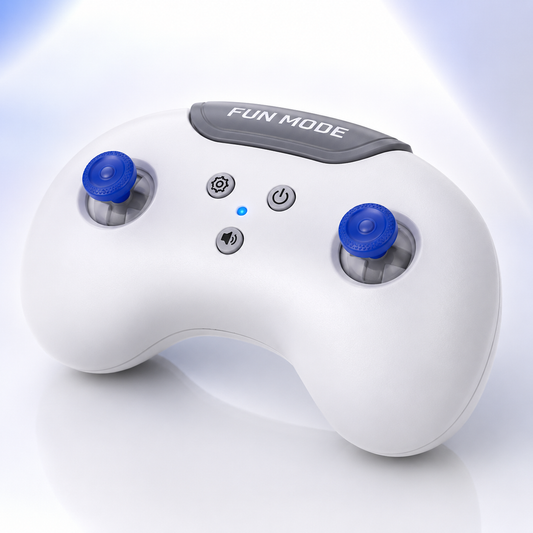 Close-up of the ergonomic wireless remote controller featuring dual joysticks, function buttons, LED indicator and comfortable grip for precise control of the mini RC racing car.