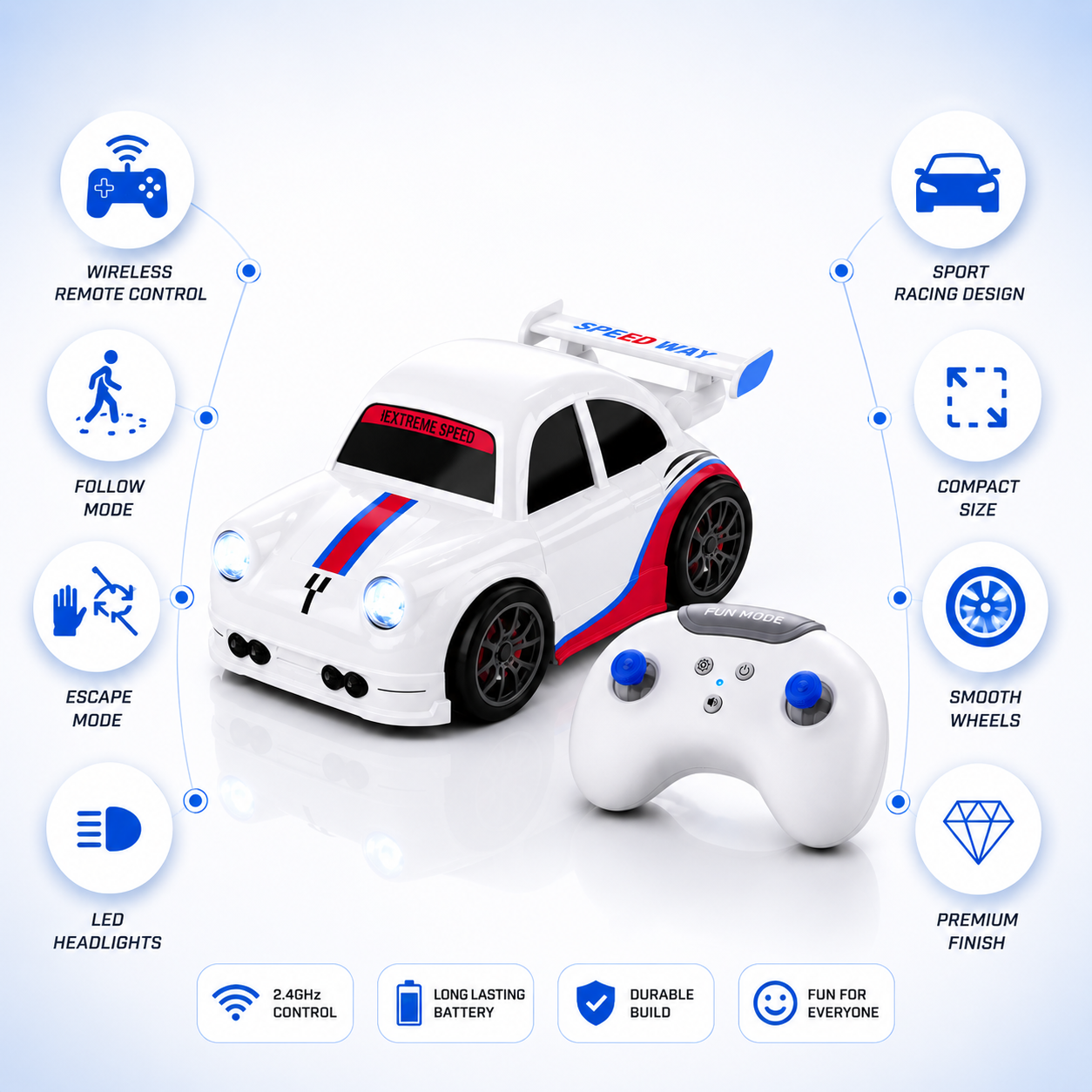 Mini remote control racing car with white sports body, LED headlights, rear spoiler and wireless controller on a clean white background. Compact RC toy featuring follow mode, escape mode and premium racing design.