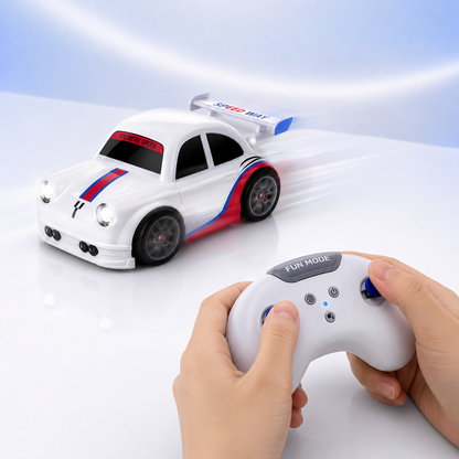 Child using a wireless controller to drive a mini remote control racing car with bright LED headlights. Compact RC toy demonstrates smooth movement, responsive steering and interactive play.