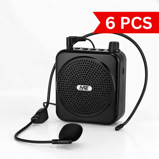 Rechargeable portable voice amplifier with wired headset microphone, compact black speaker, adjustable volume control, and lightweight design
