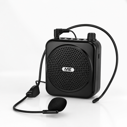 Rechargeable portable voice amplifier with wired headset microphone, compact black speaker, adjustable volume control, and lightweight design