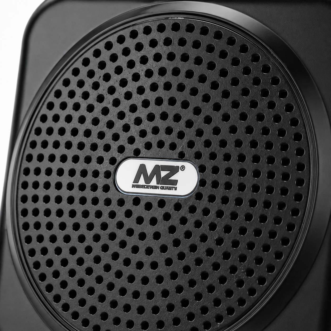 Close-up of the portable voice amplifier front speaker grille with precision perforated design and central logo, highlighting durable construction and premium finish.