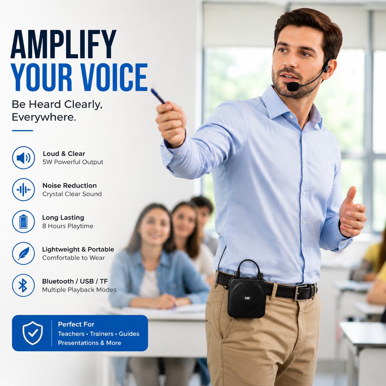 Teacher wearing a headset microphone and portable voice amplifier during a classroom presentation, highlighting 5W output, noise reduction, Bluetooth, USB/TF playback, and up to 8 hours battery life.