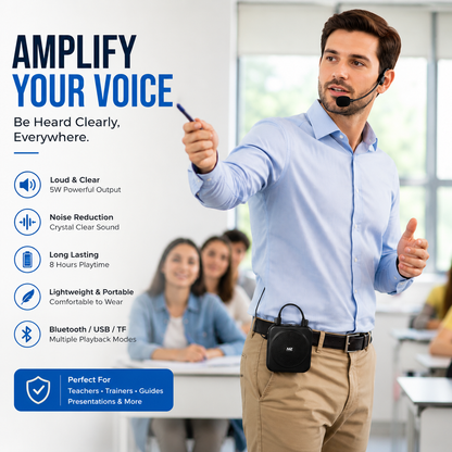Teacher wearing a headset microphone and portable voice amplifier during a classroom presentation, highlighting 5W output, noise reduction, Bluetooth, USB/TF playback, and up to 8 hours battery life.