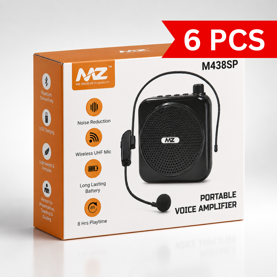 Portable wireless voice amplifier with UHF headset microphone, rechargeable speaker, noise reduction technology, black ABS body, compact design for teaching, presentations and tour guiding.