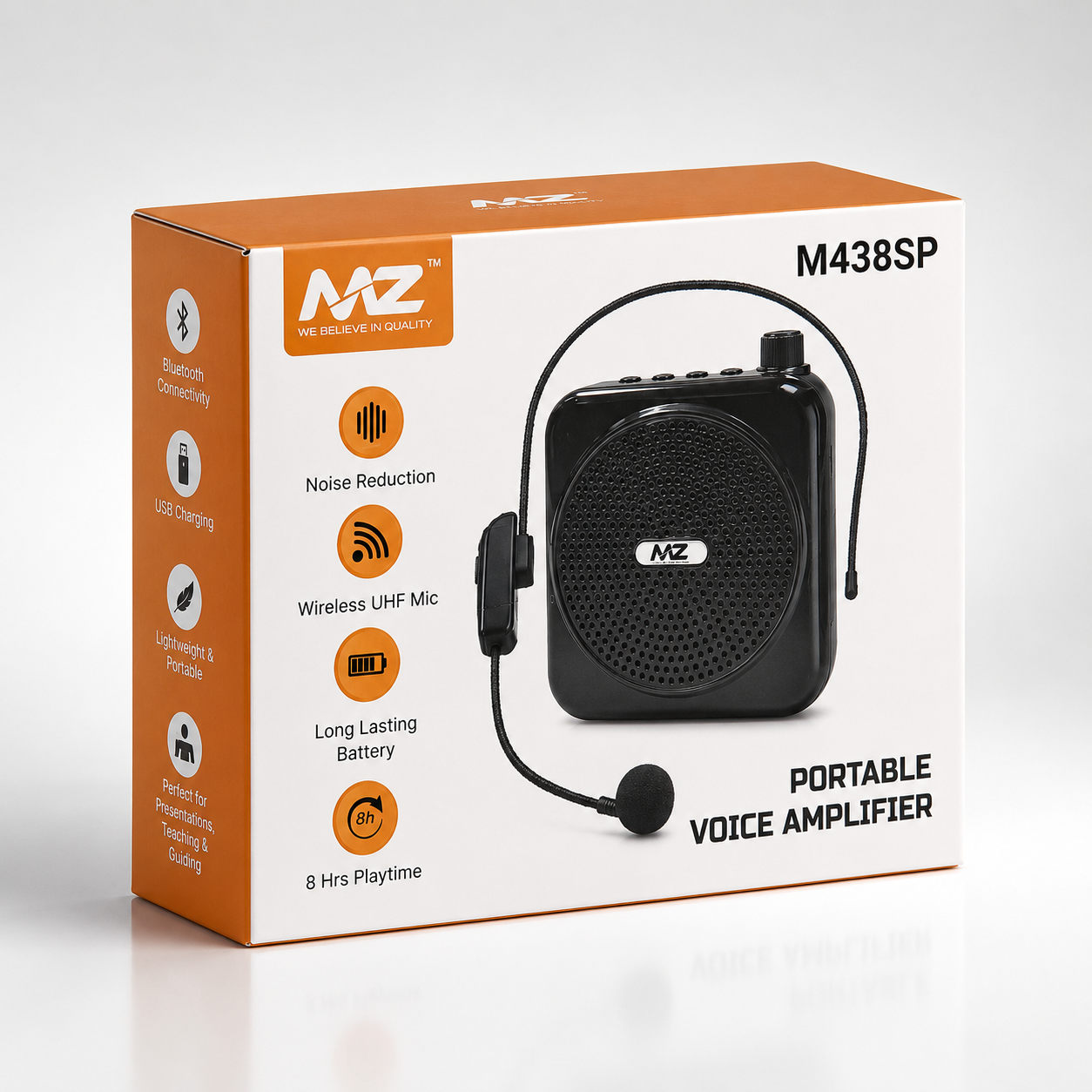 Portable wireless voice amplifier with UHF headset microphone, rechargeable speaker, noise reduction technology, black ABS body, compact design for teaching, presentations and tour guiding.