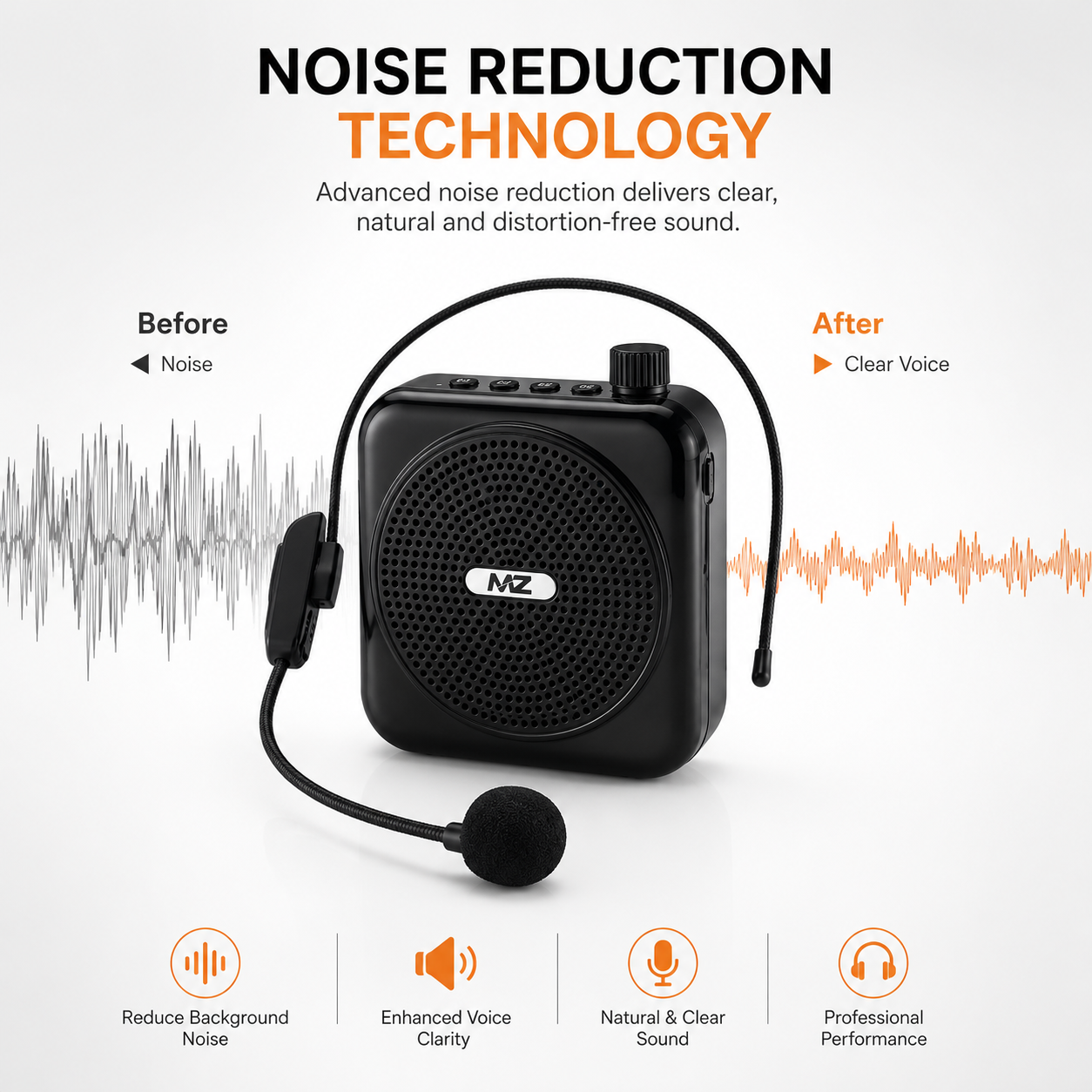 Portable voice amplifier with advanced noise reduction technology, wireless headset microphone and enhanced voice clarity for classrooms, presentations, training and guided tours.