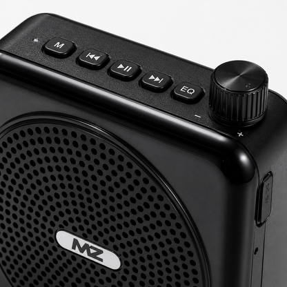 Close-up of portable voice amplifier featuring volume control knob, playback buttons, EQ button, USB charging port and durable textured finish.