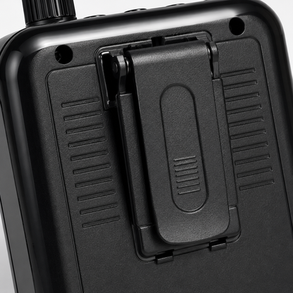 Back view of rechargeable portable voice amplifier showing integrated heavy-duty belt clip for hands-free carrying during teaching, training and public speaking.