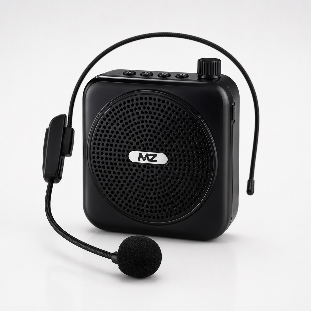 Compact wireless voice amplifier with flexible UHF headset microphone, lightweight portable design, rechargeable battery and loud clear audio output.