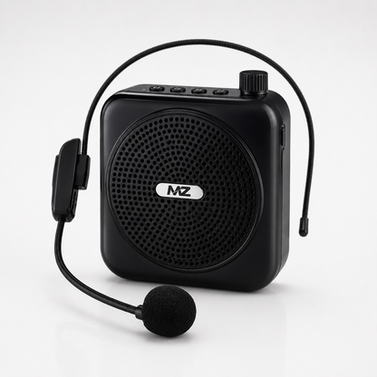Compact wireless voice amplifier with flexible UHF headset microphone, lightweight portable design, rechargeable battery and loud clear audio output.