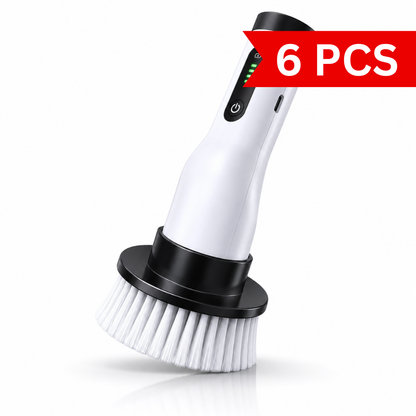 Portable cordless electric cleaning brush with soft bristle head, LED battery indicator, USB Type-C charging port, and ergonomic handheld design