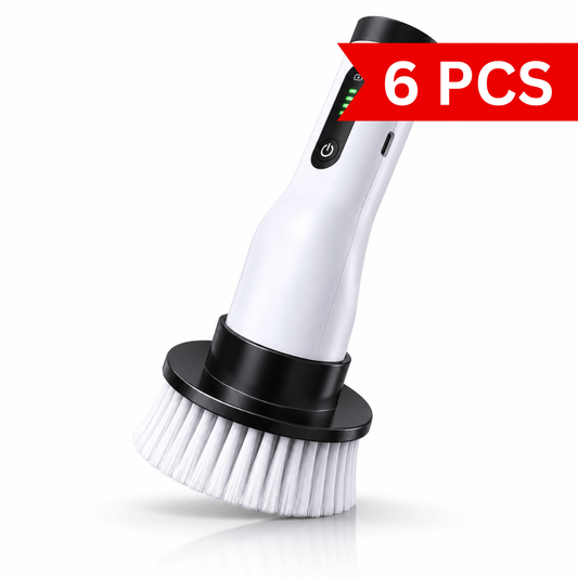 Portable cordless electric cleaning brush with soft bristle head, LED battery indicator, USB Type-C charging port, and ergonomic handheld design