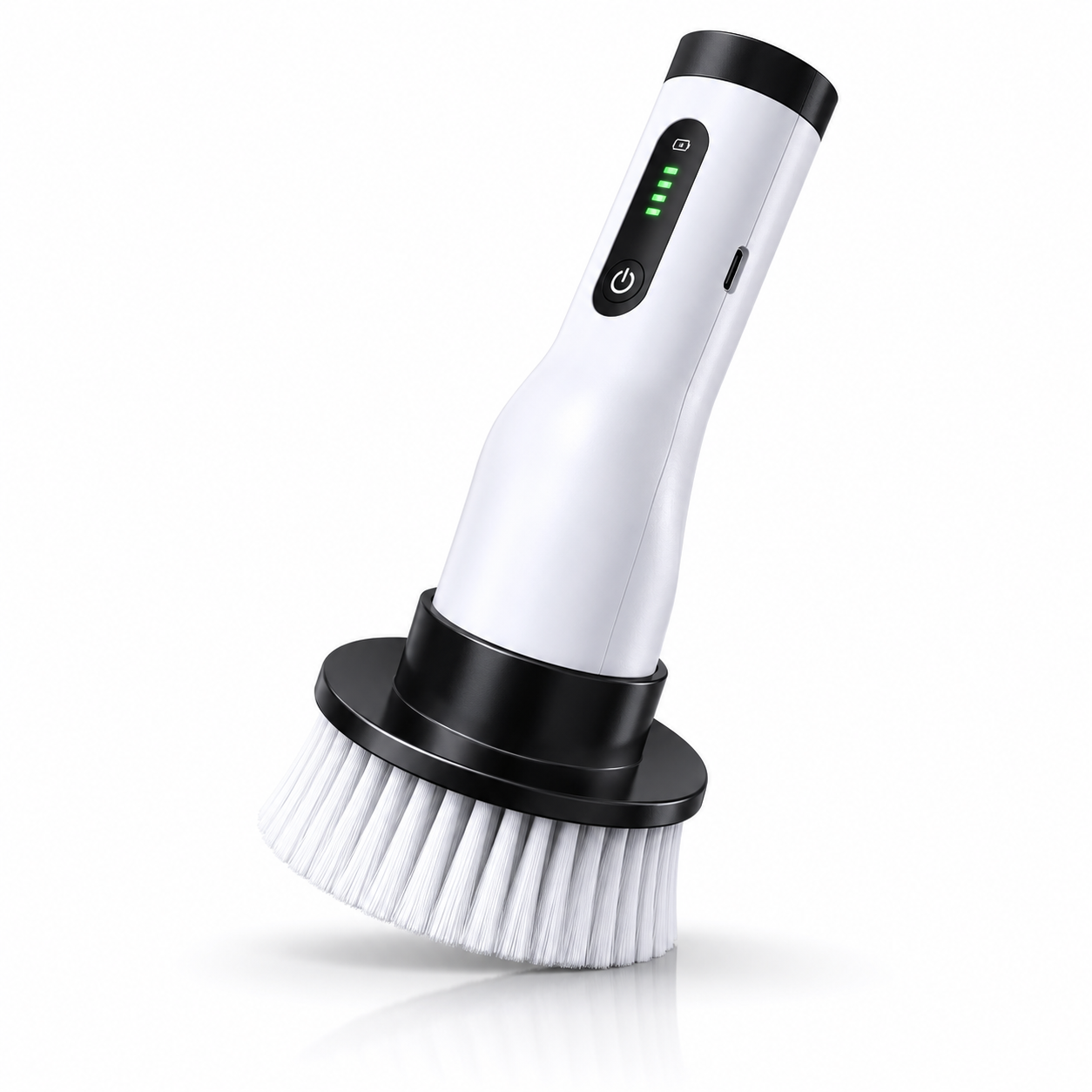 Portable cordless electric cleaning brush with soft bristle head, LED battery indicator, USB Type-C charging port, and ergonomic handheld design