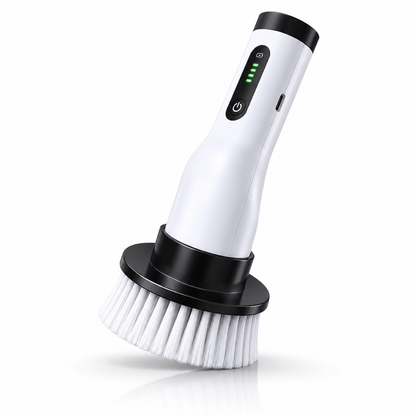 Portable cordless electric cleaning brush with soft bristle head, LED battery indicator, USB Type-C charging port, and ergonomic handheld design