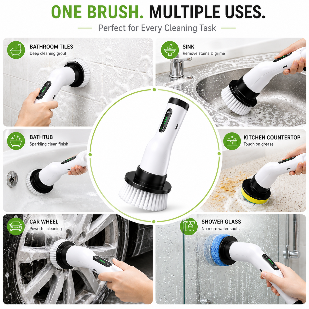 9-in-1 multifunctional electric cleaning brush demonstrating multiple cleaning applications including bathroom tiles, sinks, bathtubs, kitchen countertops, shower glass, and car wheels.