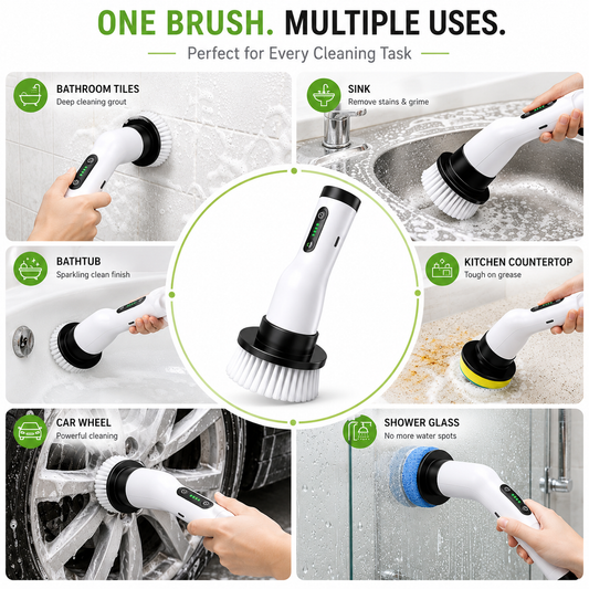 9-in-1 multifunctional electric cleaning brush demonstrating multiple cleaning applications including bathroom tiles, sinks, bathtubs, kitchen countertops, shower glass, and car wheels.