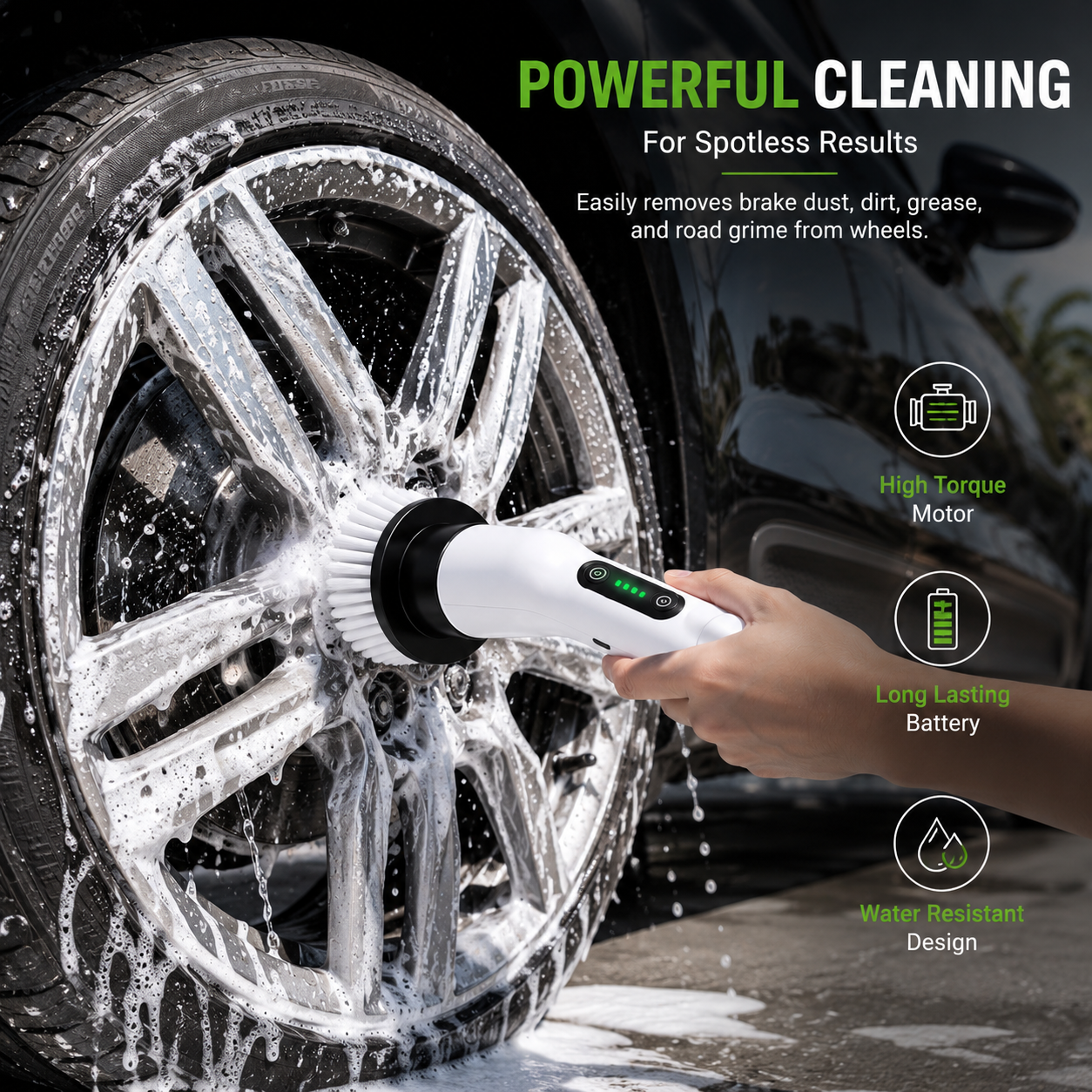 Rechargeable cordless electric cleaning brush scrubbing a foamy car alloy wheel, showcasing powerful motor performance, long-lasting battery, and water-resistant design for deep automotive cleaning.