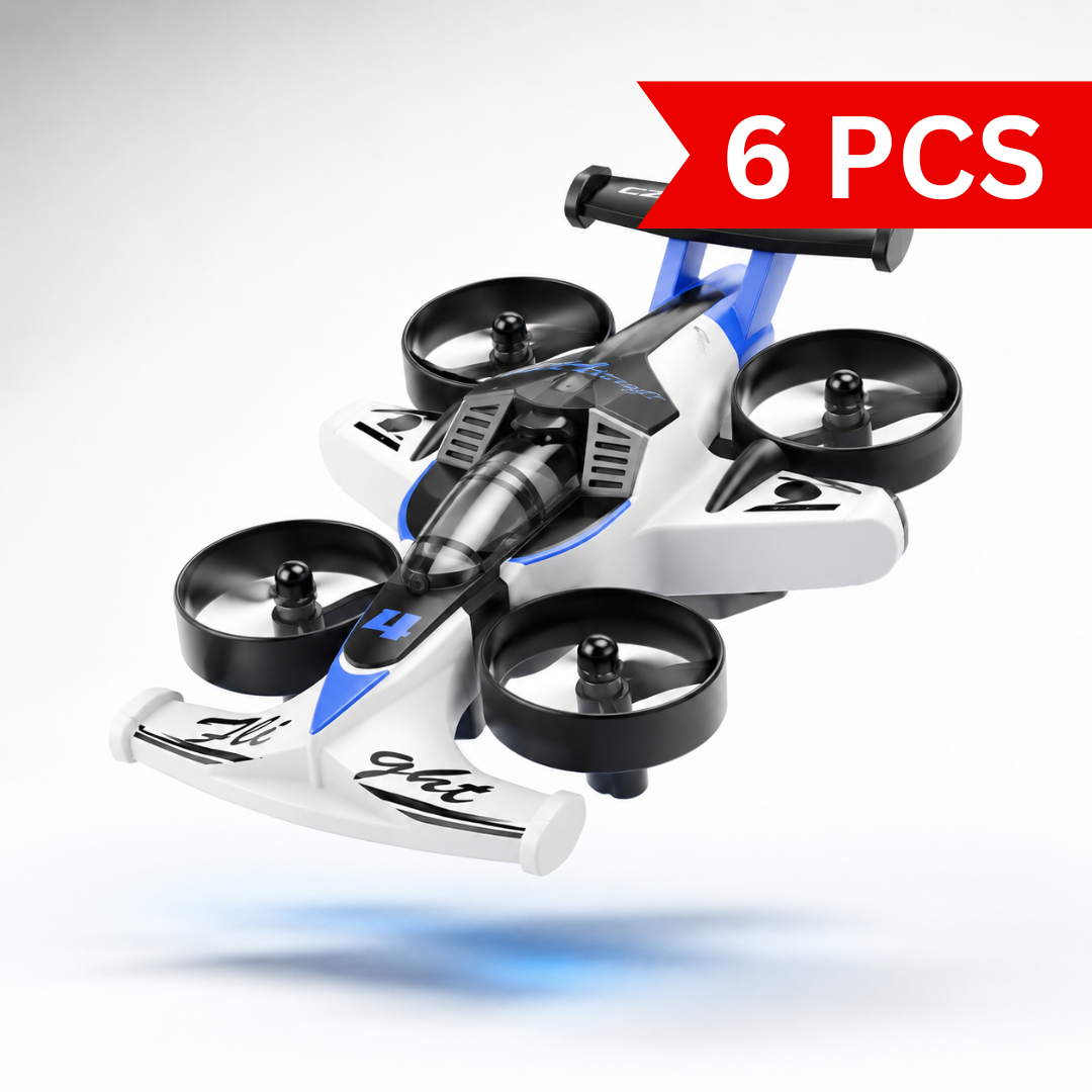 White and blue 2.4GHz RC aircraft drone with four protected propellers, racing-inspired body, rear spoiler, LED lights and lightweight aerodynamic design for indoor and outdoor flying.