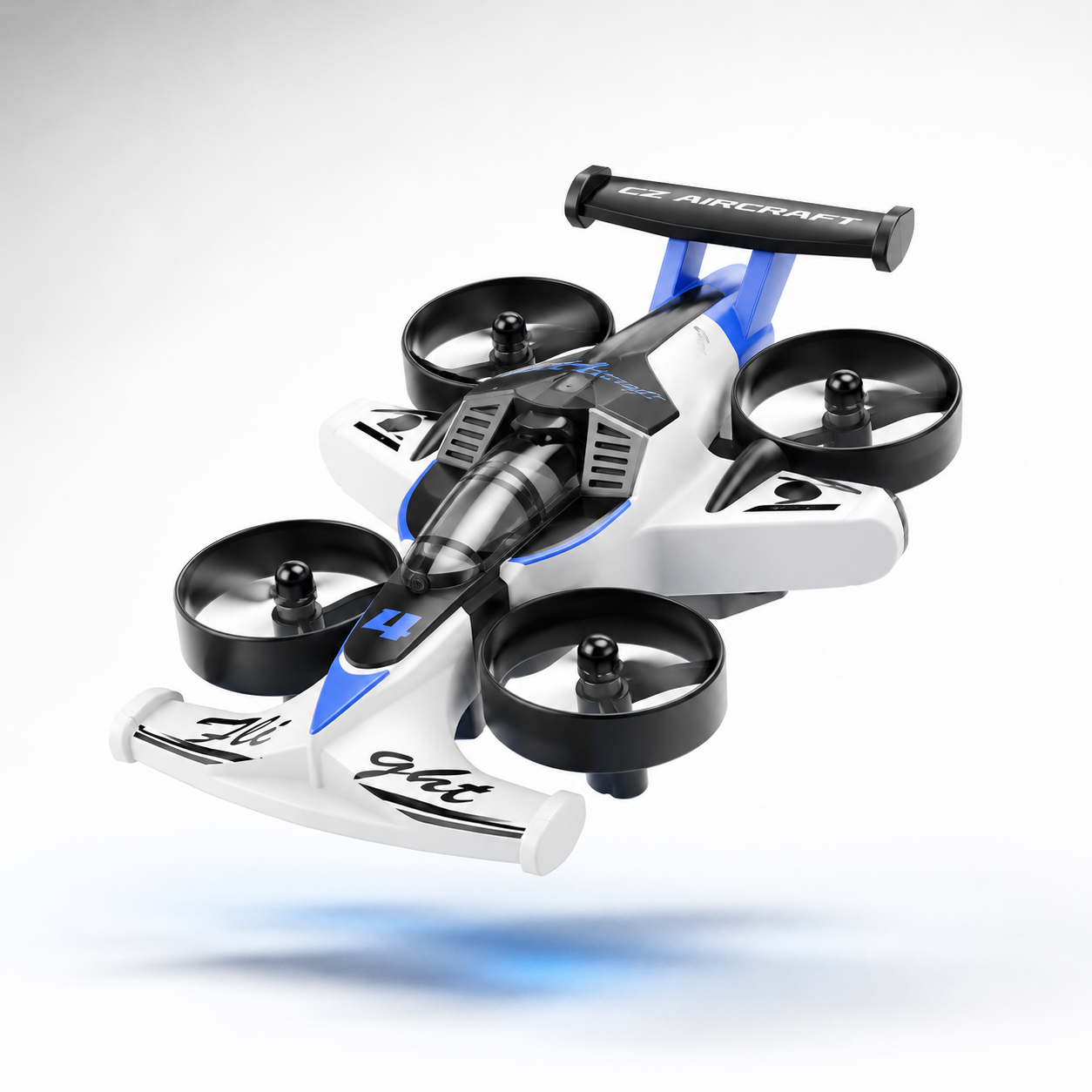 White and blue 2.4GHz RC aircraft drone with four protected propellers, racing-inspired body, rear spoiler, LED lights and lightweight aerodynamic design for indoor and outdoor flying.