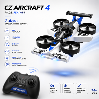 Close-up macro view of the protected three-blade propeller and circular propeller guard on the 2.4GHz RC aircraft drone, showcasing the durable safety design and premium build quality.