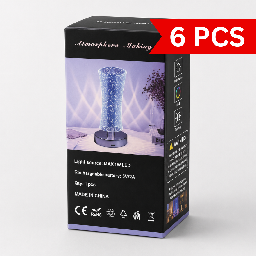 Rechargeable RGB LED table lamp retail packaging featuring a modern optical illusion lamp with USB charging, RGB colour lighting, dimming function, and rechargeable battery on a premium black product box.