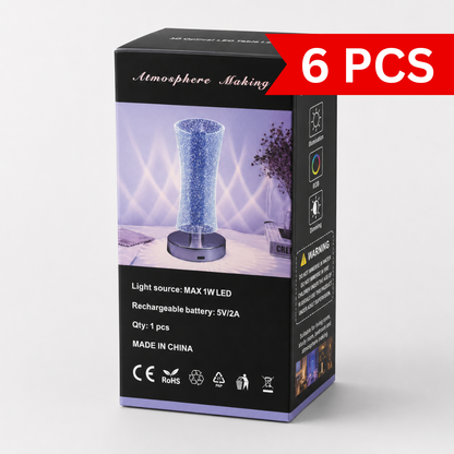 Rechargeable RGB LED table lamp retail packaging featuring a modern optical illusion lamp with USB charging, RGB colour lighting, dimming function, and rechargeable battery on a premium black product box.