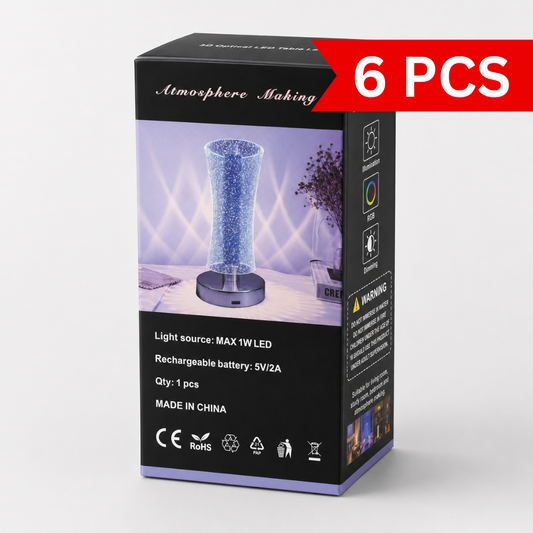 Rechargeable RGB LED table lamp retail packaging featuring a modern optical illusion lamp with USB charging, RGB colour lighting, dimming function, and rechargeable battery on a premium black product box.