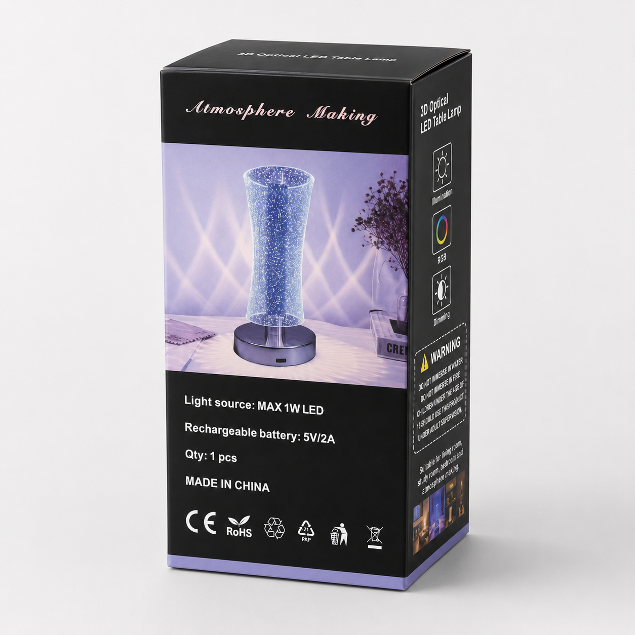 Rechargeable RGB LED table lamp retail packaging featuring a modern optical illusion lamp with USB charging, RGB colour lighting, dimming function, and rechargeable battery on a premium black product box.