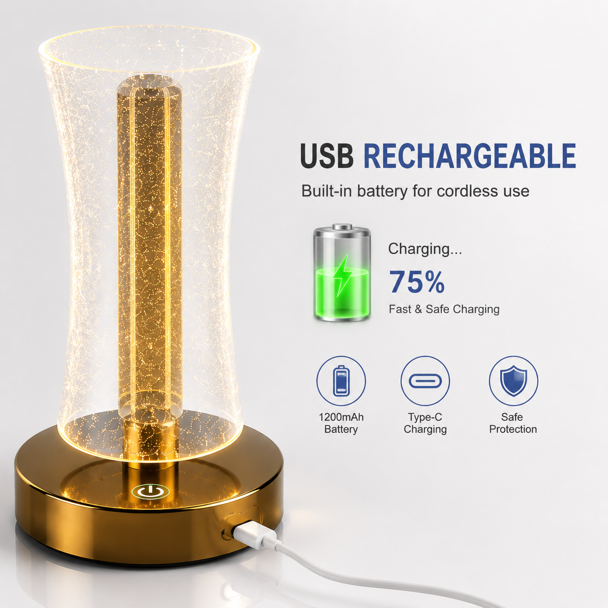 Rechargeable RGB LED table lamp connected to a USB-C charging cable with built-in battery infographic showing 1200mAh battery, fast charging, safe protection, and cordless operation.