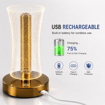 Rechargeable RGB LED table lamp connected to a USB-C charging cable with built-in battery infographic showing 1200mAh battery, fast charging, safe protection, and cordless operation.