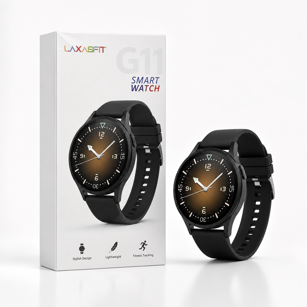 Premium product photography of a black round smart watch with a matching retail box, featuring a round display, black silicone strap and minimalist design