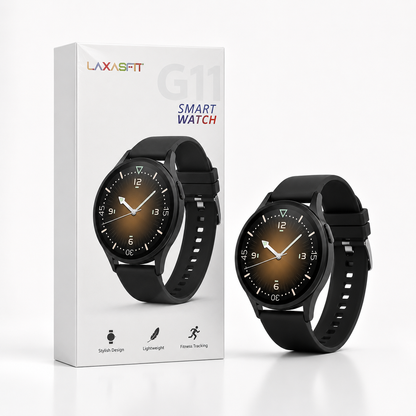 Premium product photography of a black round smart watch with a matching retail box, featuring a round display, black silicone strap and minimalist design