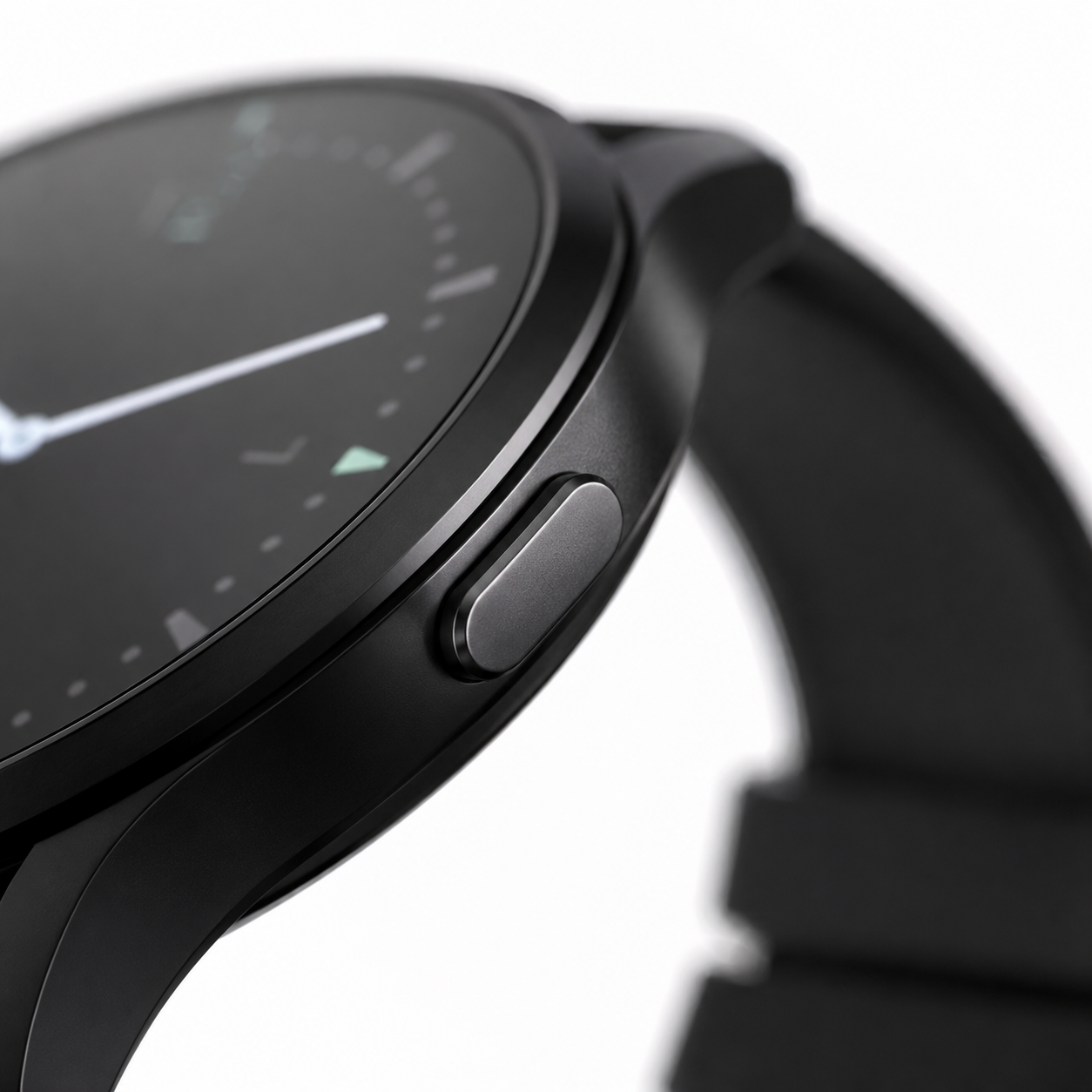 Extreme macro close-up of a black round smart watch highlighting the precision side function button, slim metal bezel and premium matte black finish with a soft silicone strap
