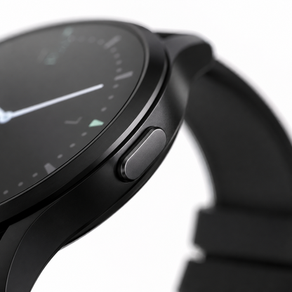 Extreme macro close-up of a black round smart watch highlighting the precision side function button, slim metal bezel and premium matte black finish with a soft silicone strap