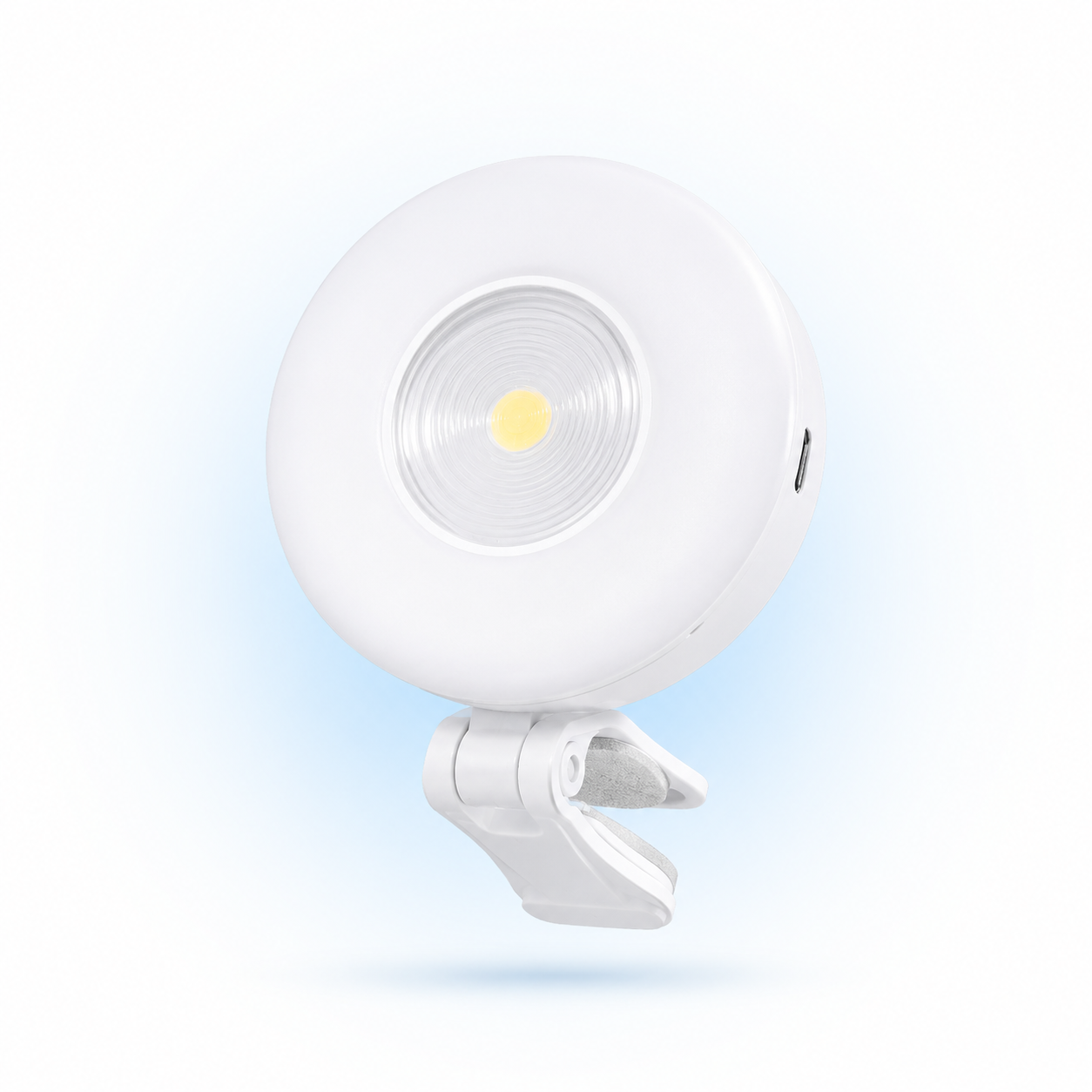 Infographic highlighting Bluetooth remote, three colour modes, rechargeable battery, USB charging, universal clip, soft lighting and portable design.