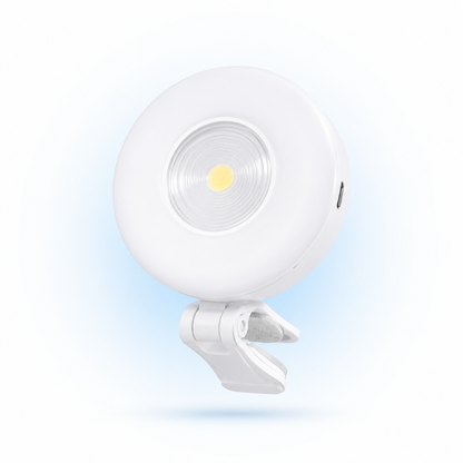 Infographic highlighting Bluetooth remote, three colour modes, rechargeable battery, USB charging, universal clip, soft lighting and portable design.