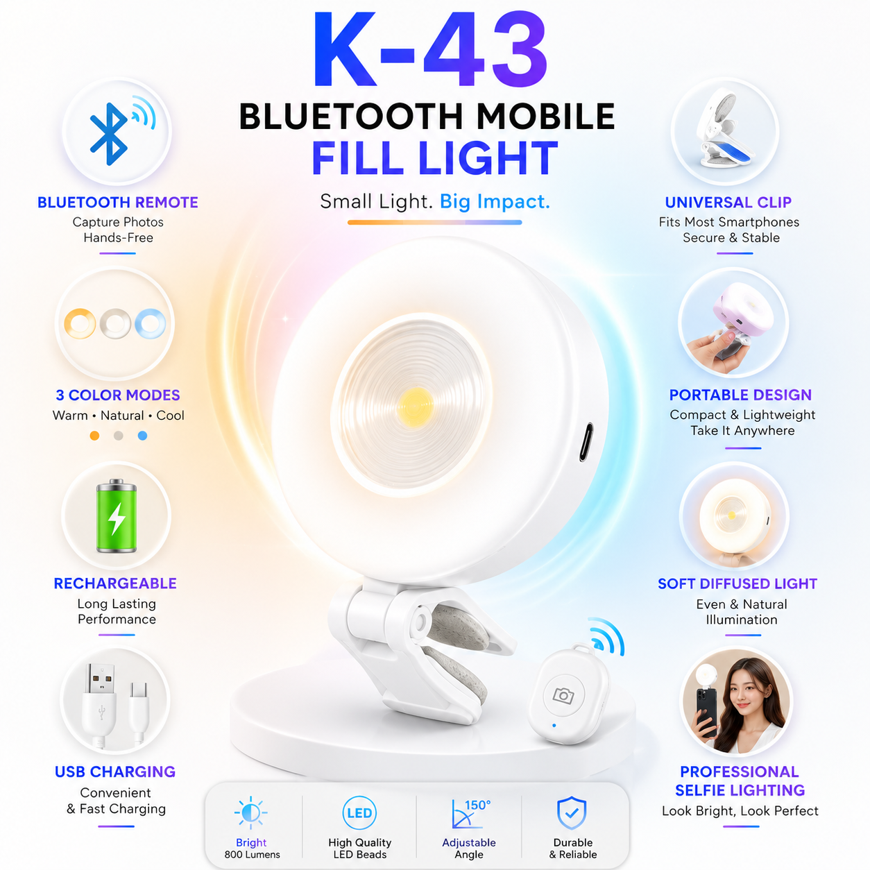 Side-by-side comparison showing improved brightness, natural skin tones and clearer details using the K-43 Bluetooth mobile fill light.