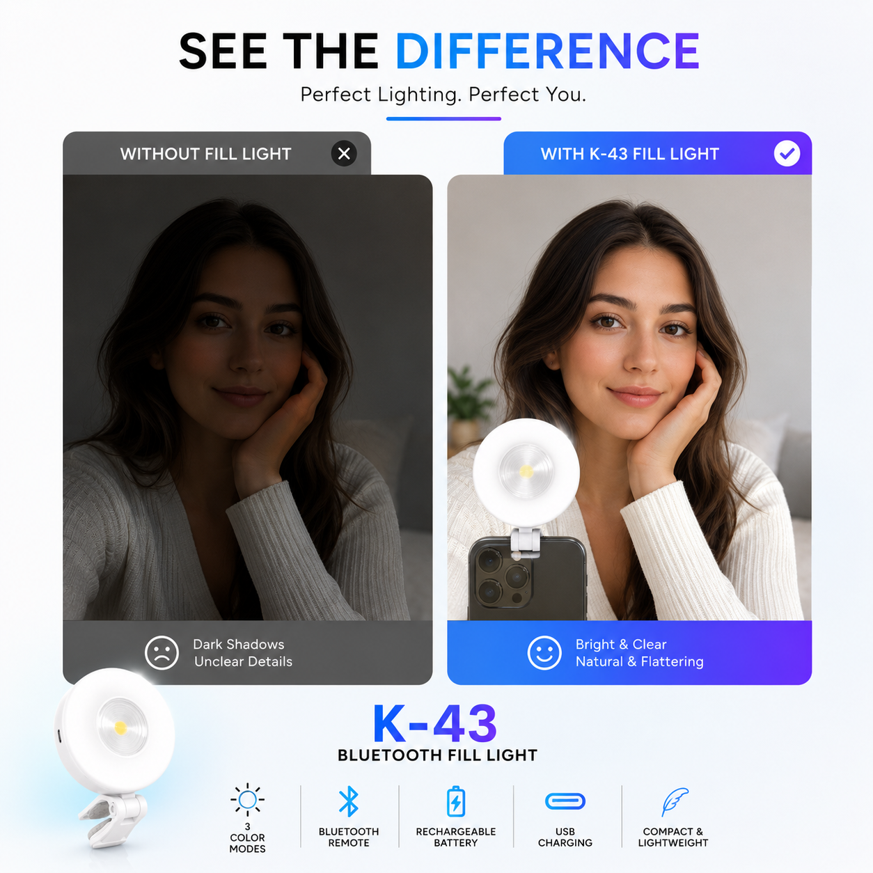 Portable K-43 clip-on Bluetooth fill light with soft diffused LED, USB charging and adjustable clip for selfies, photography and video recording.