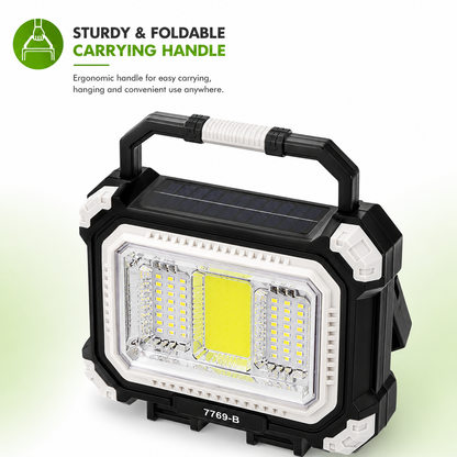 Angled view of the 7769-B portable solar camping light highlighting the sturdy foldable carrying handle with integrated solar panel, durable ABS construction, and ergonomic design for camping, emergencies, and outdoor use.