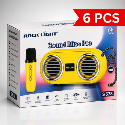 Portable Bluetooth karaoke speaker with wireless microphone retail box featuring a bright yellow dual-speaker design, Bluetooth 5.0, 10W output, FM radio, USB playback, TF card support, TWS pairing, rechargeable battery and up to 4-hour playtime.