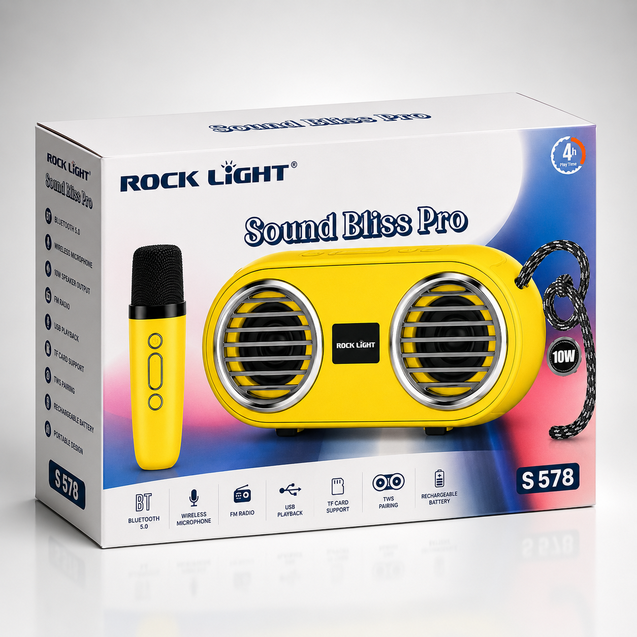 Portable Bluetooth karaoke speaker with wireless microphone retail box featuring a bright yellow dual-speaker design, Bluetooth 5.0, 10W output, FM radio, USB playback, TF card support, TWS pairing, rechargeable battery and up to 4-hour playtime.