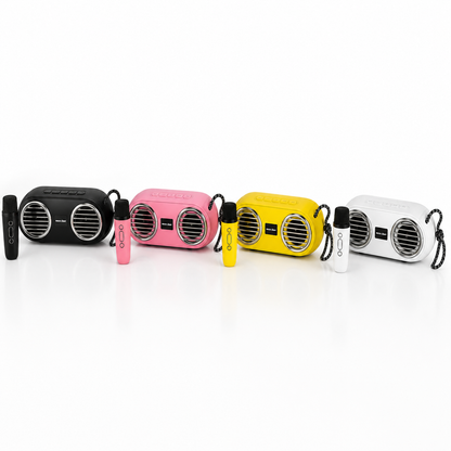 Portable Bluetooth karaoke speaker with wireless microphone available in Black, Pink, Yellow and White colour options, featuring dual speaker design, rechargeable battery and compact portable build.