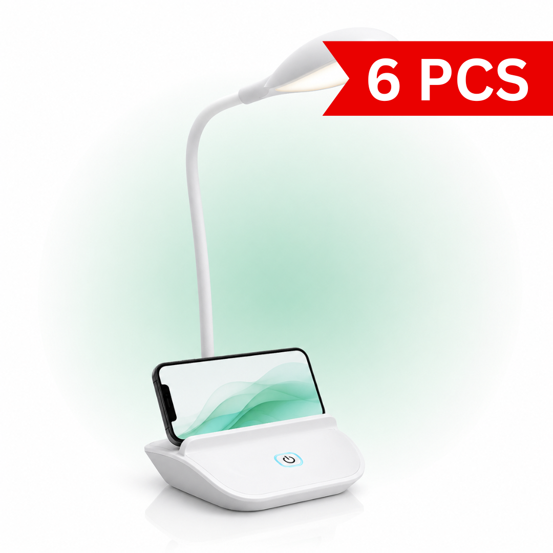Modern white LED study lamp with touch dimmer, phone stand, and Micro USB rechargeable design.