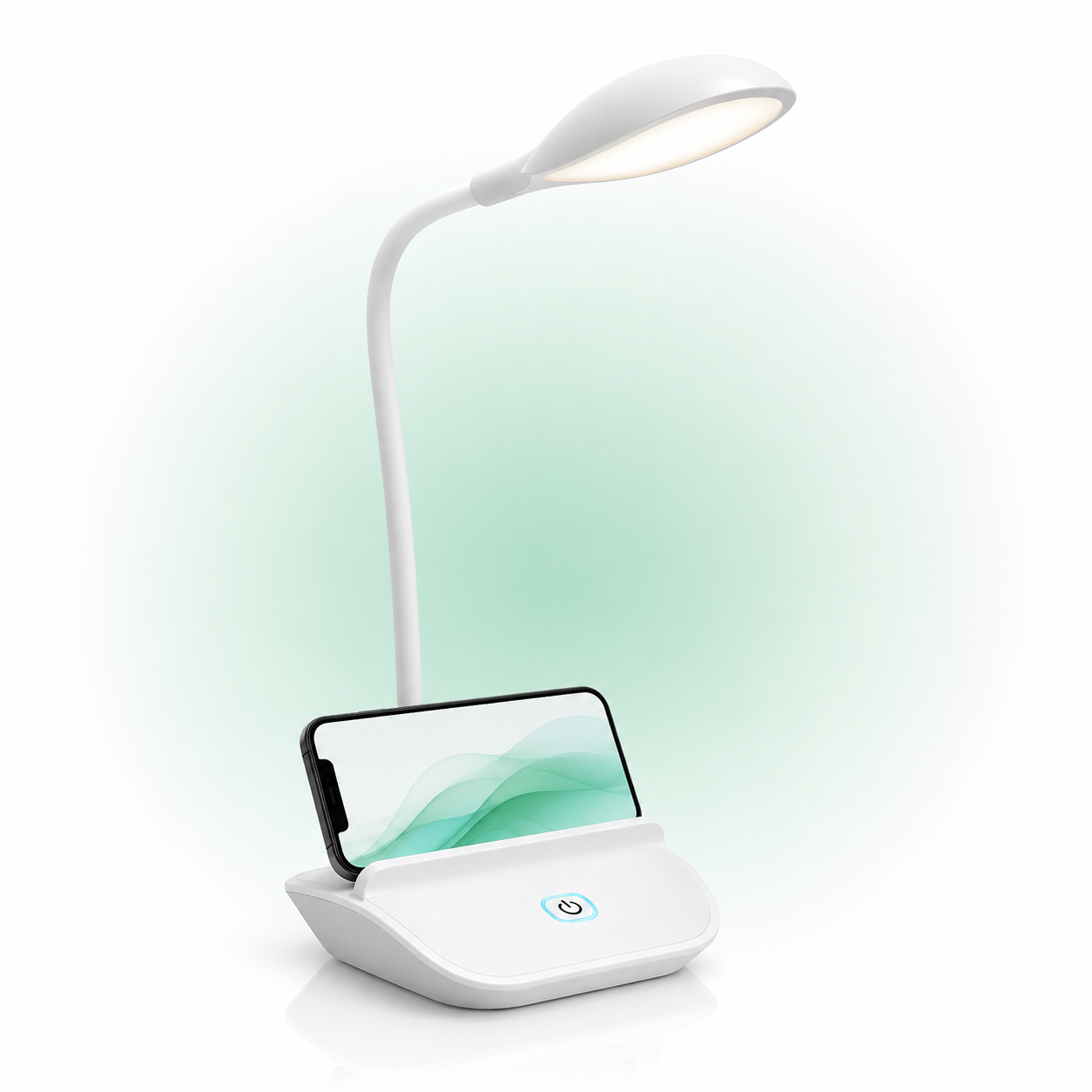 Modern white LED study lamp with touch dimmer, phone stand, and Micro USB rechargeable design.